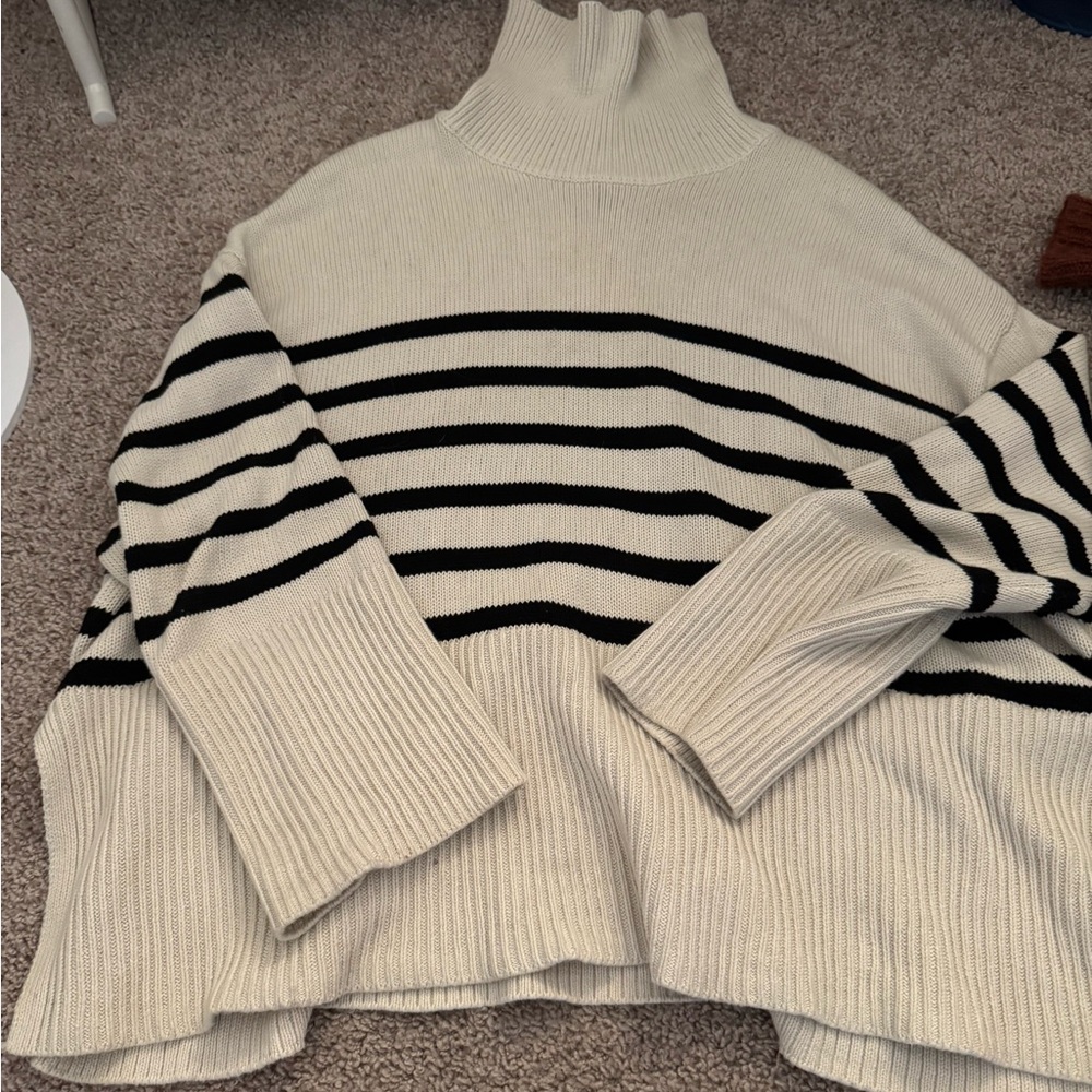 GAP Cream and Black Striped Turtleneck Sweater